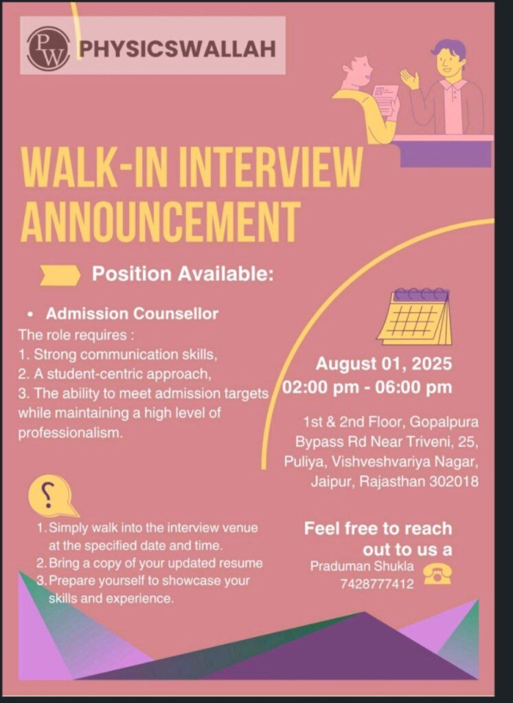 Physics Wallah - walk-in hiring